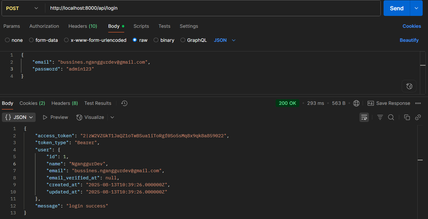 Postman Login Laravel Sanctum - NganggurDev