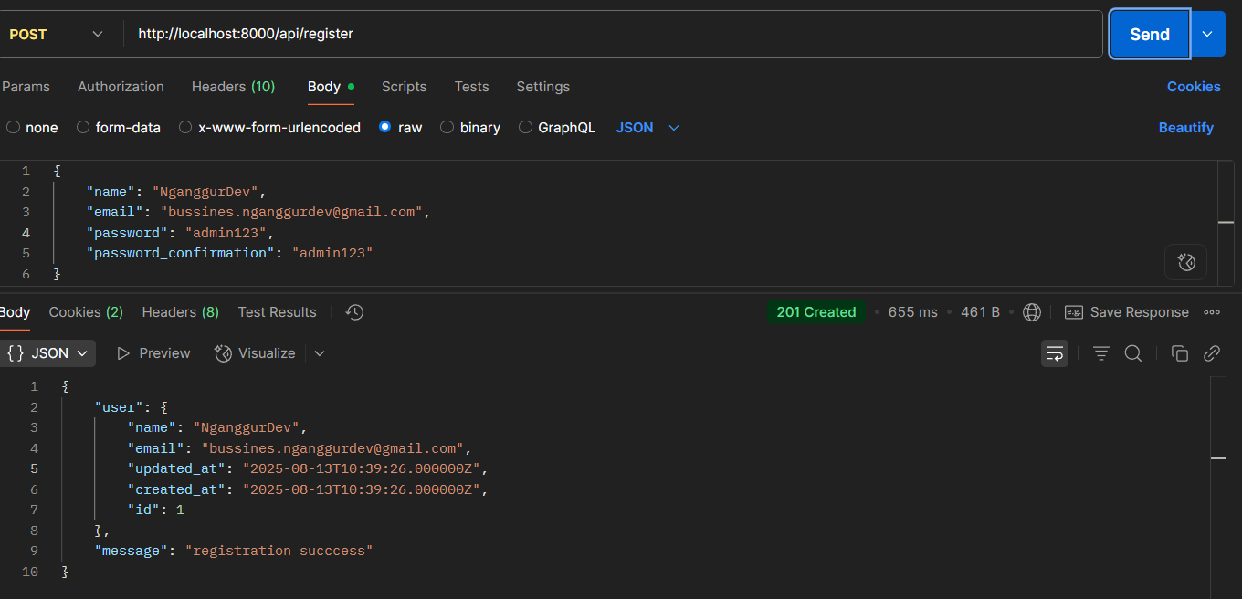 Postman Register Laravel Sanctum - NganggurDev